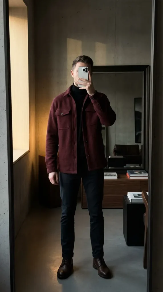 Man in maroon overshirt over black turtleneck modern selfie from 20 Red Outfit Ideas for Men That Actually Slay