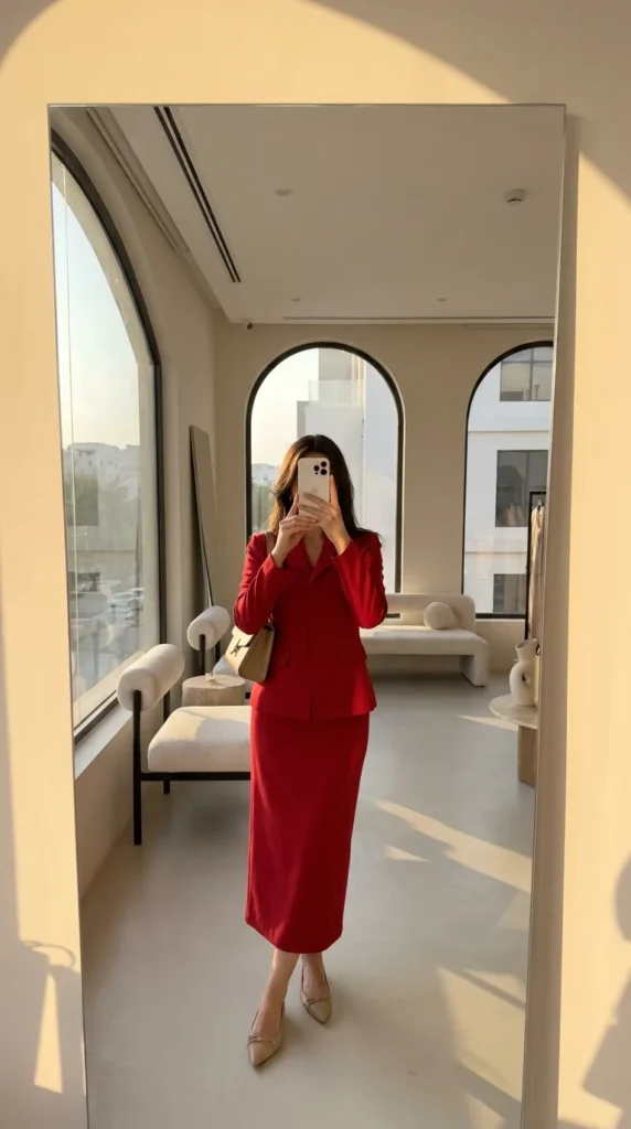 Matching red blazer and long red pencil skirt set for bold Long Red Skirt Outfit Ideas for Women.