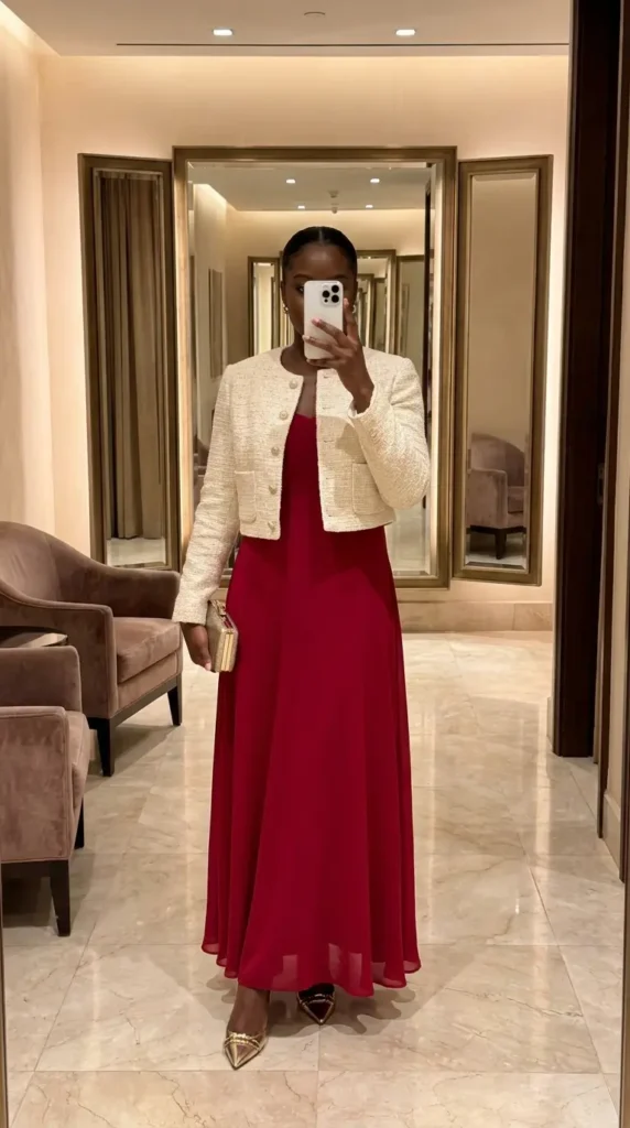 Elegant Black woman in flowing red maxi dress with cream cropped jacket for red dress outfit ideas designed for Black women