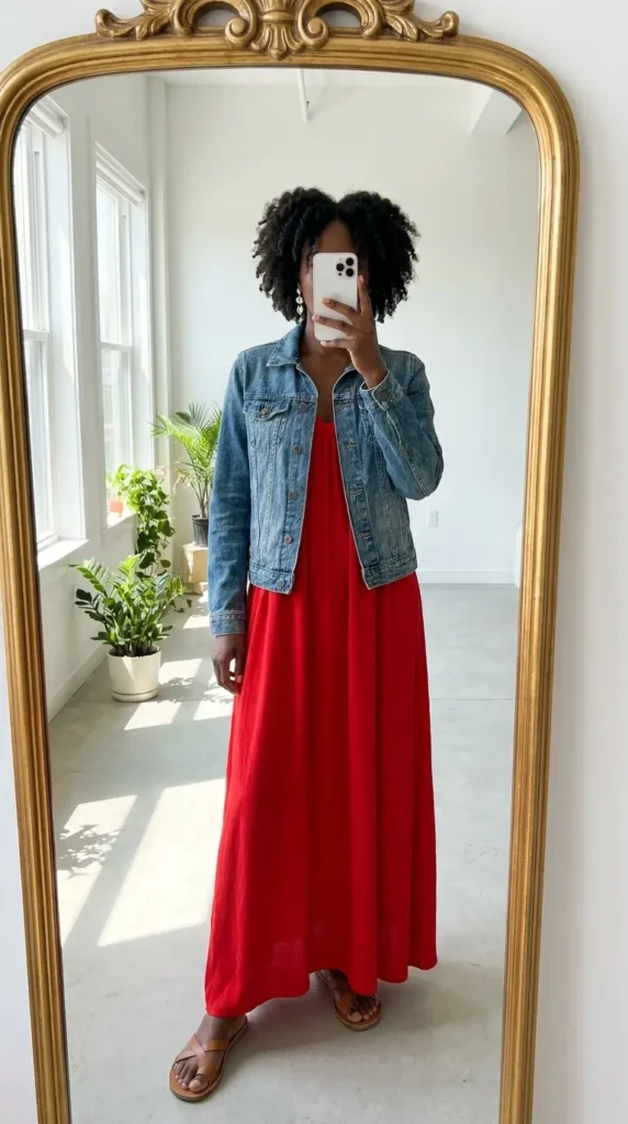 Black woman with curly hair in flowing red maxi dress and denim jacket for red dress outfit ideas designed for Black women.