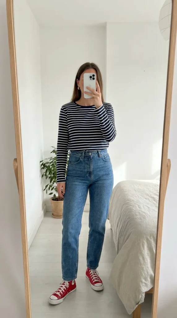 Woman in navy-white striped top and blue mom jeans with red Converse for classic Red Converse Outfit Ideas.