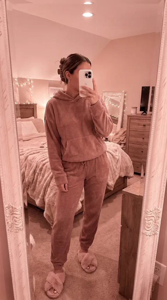 Casual Barbie Outfit Ideas: cozy pink fleece hoodie and jogger set styled with fuzzy slippers