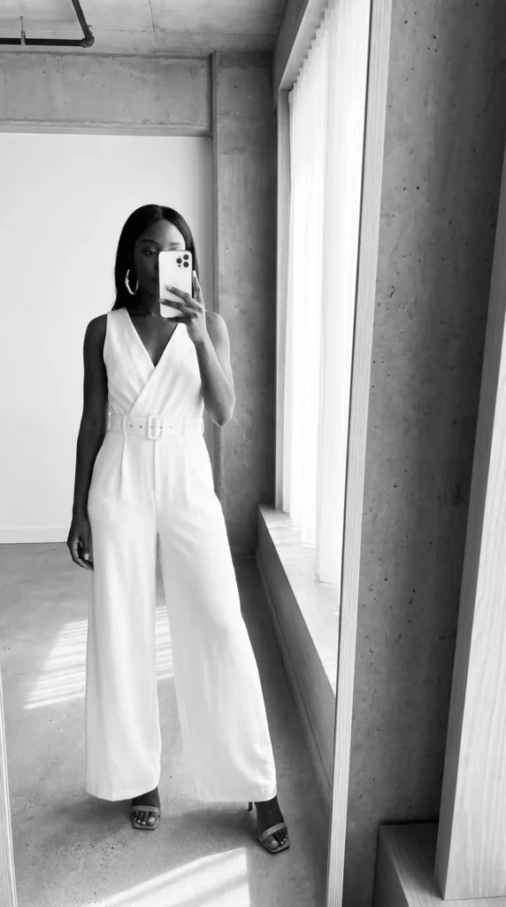 Black woman in a white belted jumpsuit takes a mirror selfie, perfect for All White Summer Outfit Ideas for Black Women.