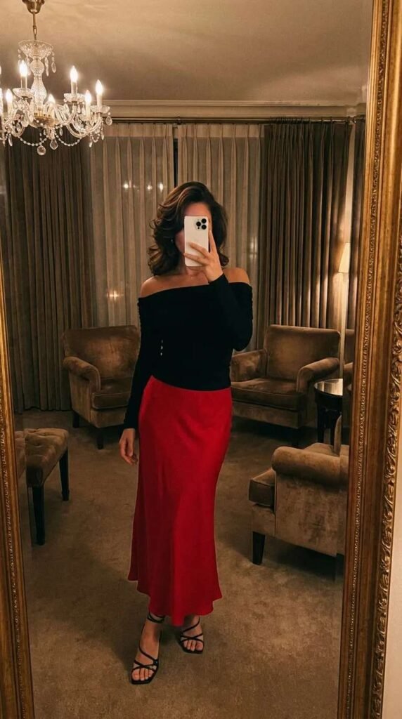 Black off-shoulder top with flowing red maxi skirt in elegant Long Red Skirt Outfit Ideas for Women.