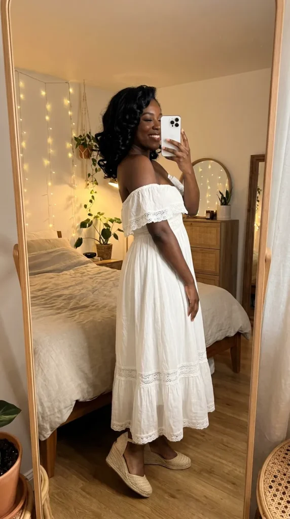 Black woman in an off-shoulder white lace sundress smiles in a bedroom mirror for All White Summer Outfit Ideas for Black Women.