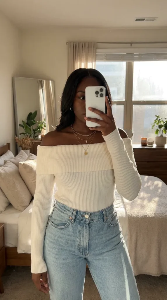 Off-shoulder cream top with jeans, effortless All White Outfits for Black Women look