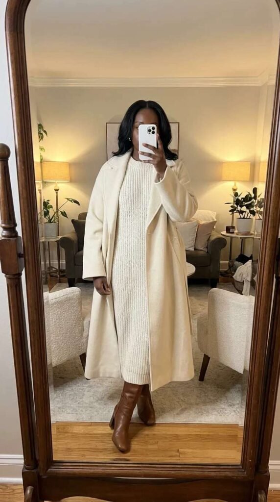Off-white knit dress with long coat – elegant All White Fall Outfit Ideas for Black Women.