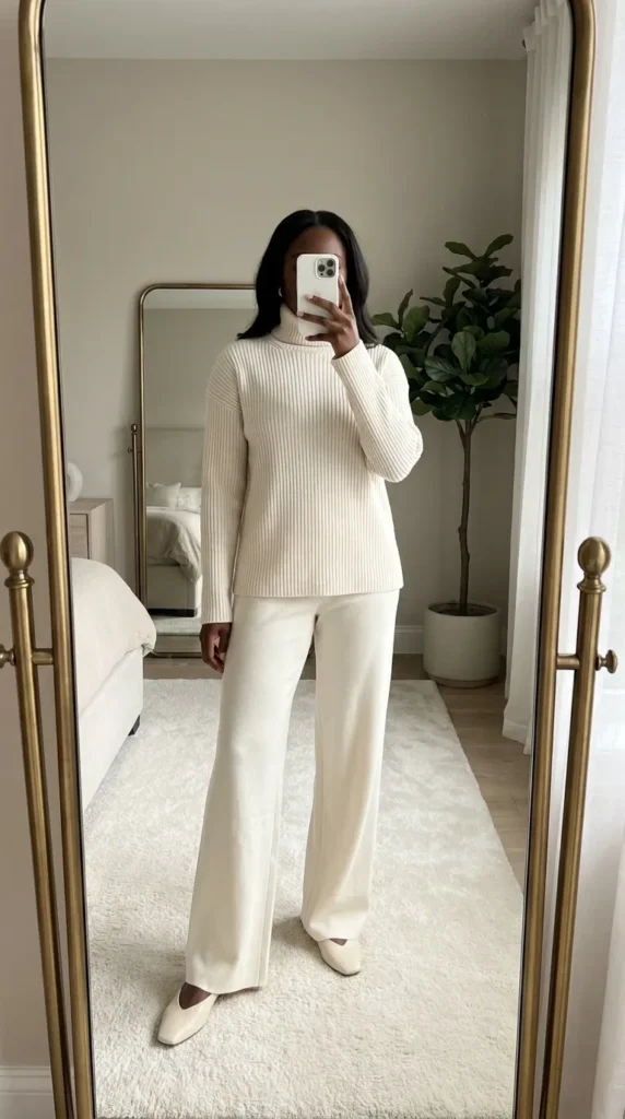 Off-white turtleneck with wide-leg pants – modern All White Fall Outfit Ideas for Black Women.