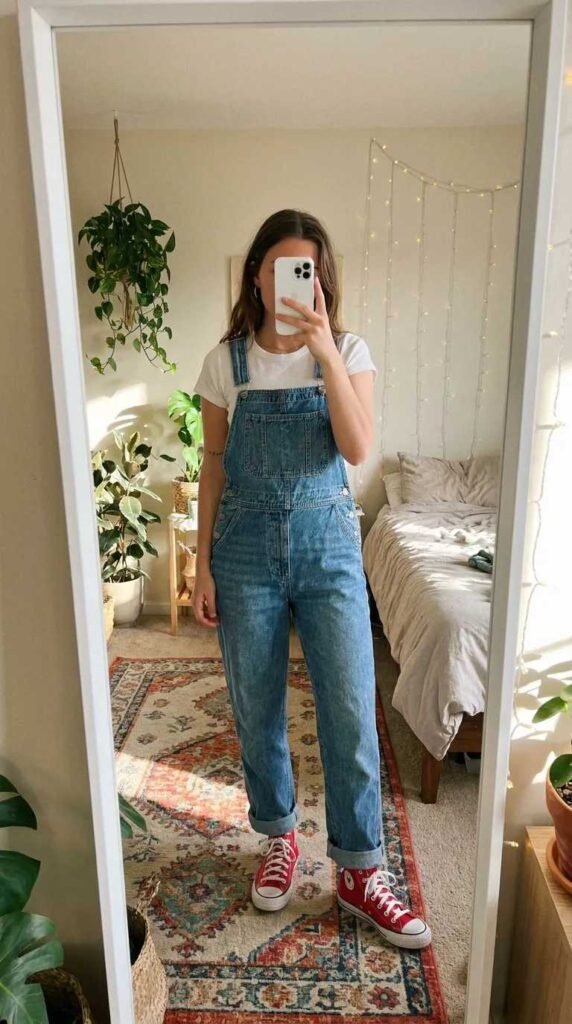 Woman in denim overalls over white tee with red Converse sneakers for casual Red Converse Outfit Ideas.
