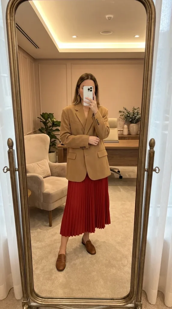 Fall Long Red Skirt Outfit Ideas pairing an oversized camel blazer with loafers.