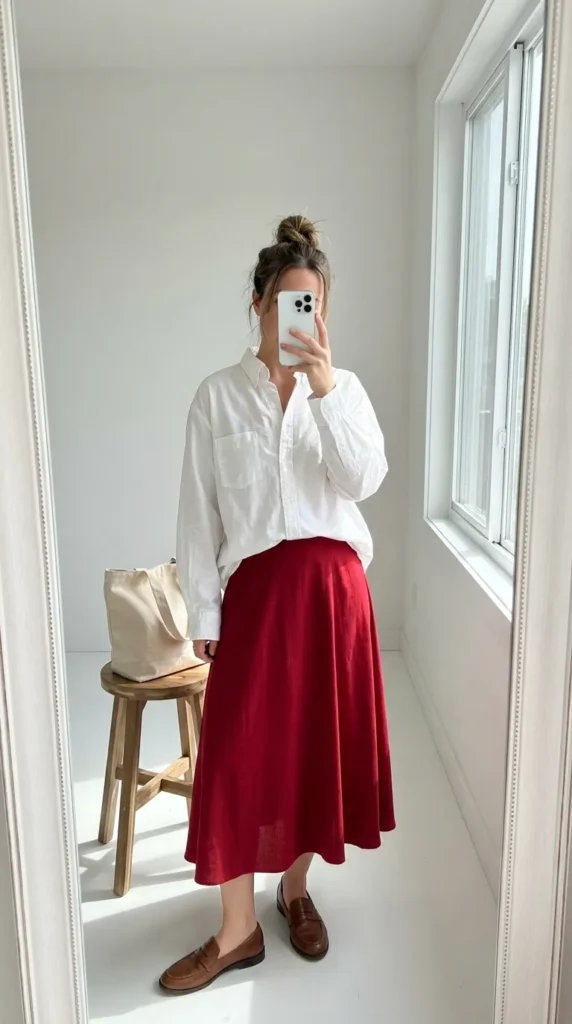Oversized white shirt with A-line red midi skirt and loafers in Long Red Skirt Outfit Ideas for Women.