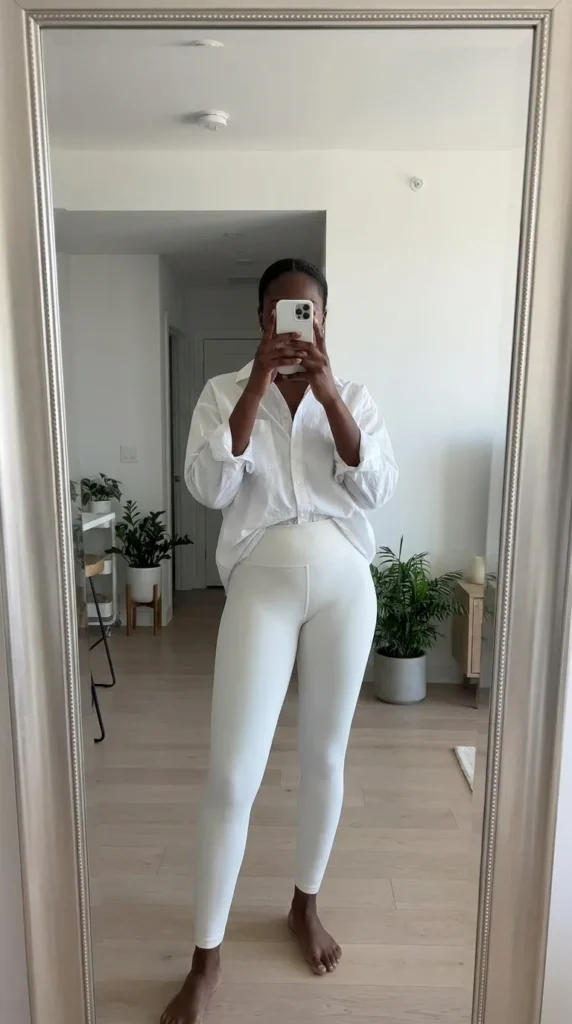Oversized white button-down with leggings – easy All White Fall Outfit Ideas for Black Women.