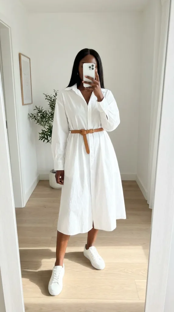 Oversized white shirt dress and sneakers, fresh All White Outfits for Black Women style