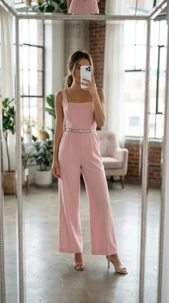 Pastel pink belted jumpsuit with heels, elegant choice for Best Barbie-Inspired Party Outfits
