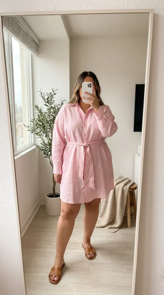 Plus-size woman in light pink button-up shirt dress with belt, casual Barbie Outfit Ideas for Plus Size Women.
