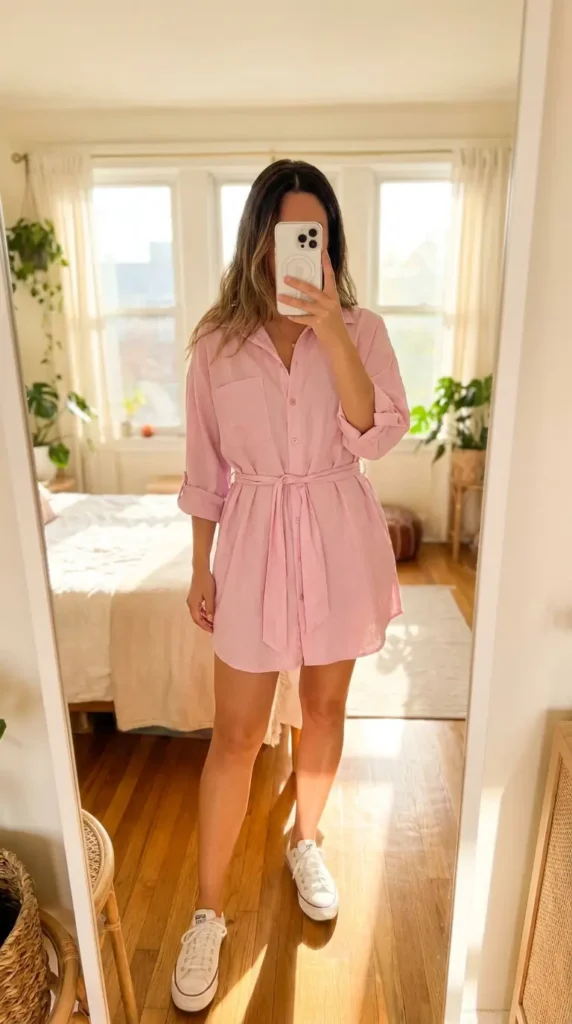 Casual Barbie Outfit Ideas: pastel pink belted shirt dress with rolled sleeves and sneakers