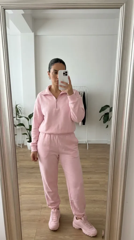 Casual Barbie Outfit Ideas: pastel pink half-zip tracksuit set with matching pink chunky sneakers