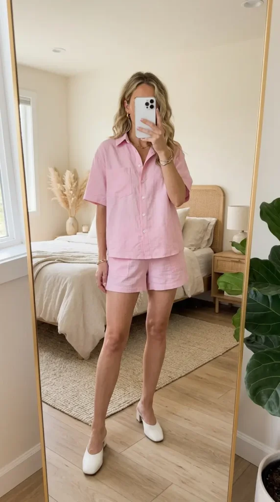 Easy Summer Barbie Outfit Ideas: pastel pink linen shirt and shorts matching set
