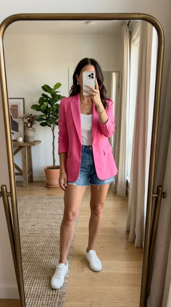 Easy Summer Barbie Outfit Ideas: pink blazer paired with denim cutoff shorts