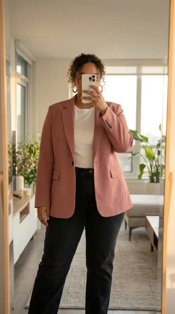 Curvy woman in dusty pink blazer over white tee and dark jeans, chic Barbie Outfit Ideas for Plus Size Women.