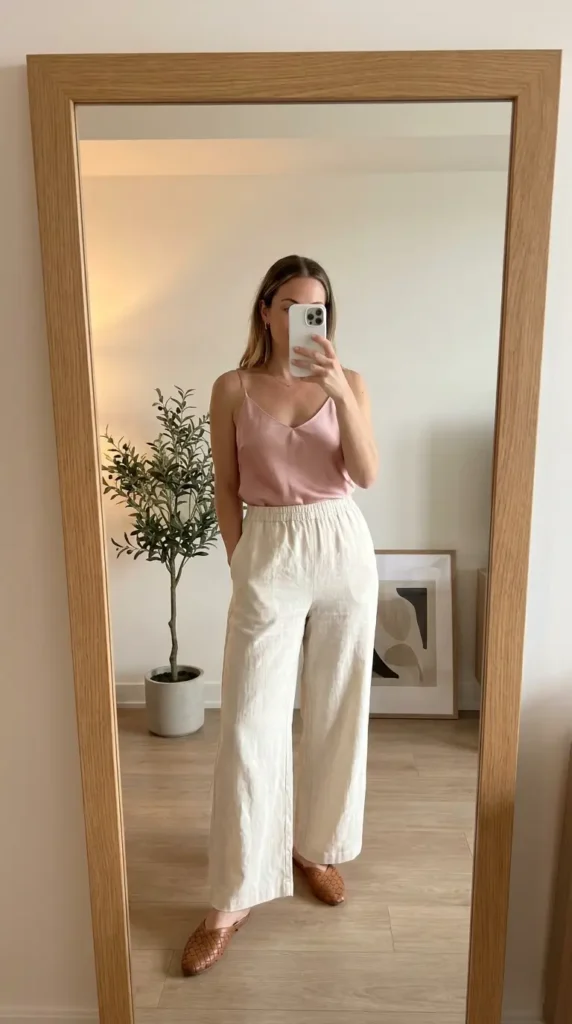 Casual Barbie Outfit Ideas: pink satin cami top styled with cream wide-leg linen trousers