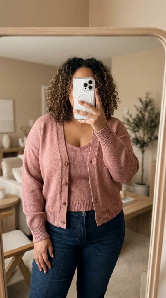 Plus-size woman in matching dusty pink knit cardigan and tank, soft Barbie Outfit Ideas for Plus Size Women.