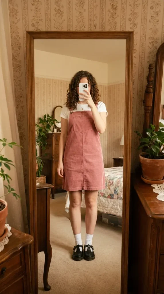 Pink corduroy pinafore dress with tee, vintage-inspired Best Barbie-Inspired Party Outfits look
