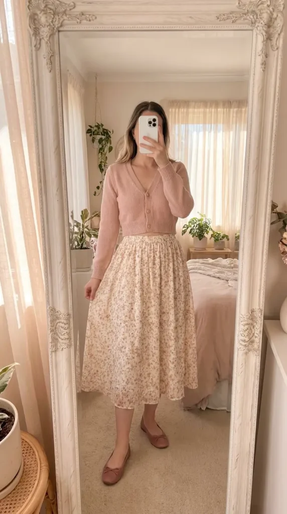 Casual Barbie Outfit Ideas: pink crop cardigan paired with floral flowy midi skirt and flats