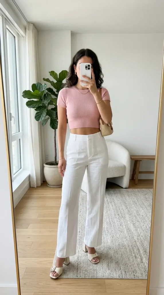 Easy Summer Barbie Outfit Ideas: pink ribbed crop top with white trousers