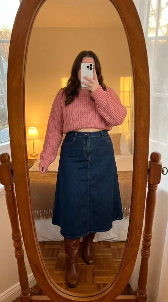 Plus-size woman in cropped pink sweater and denim midi skirt, trendy Barbie Outfit Ideas for Plus Size Women.