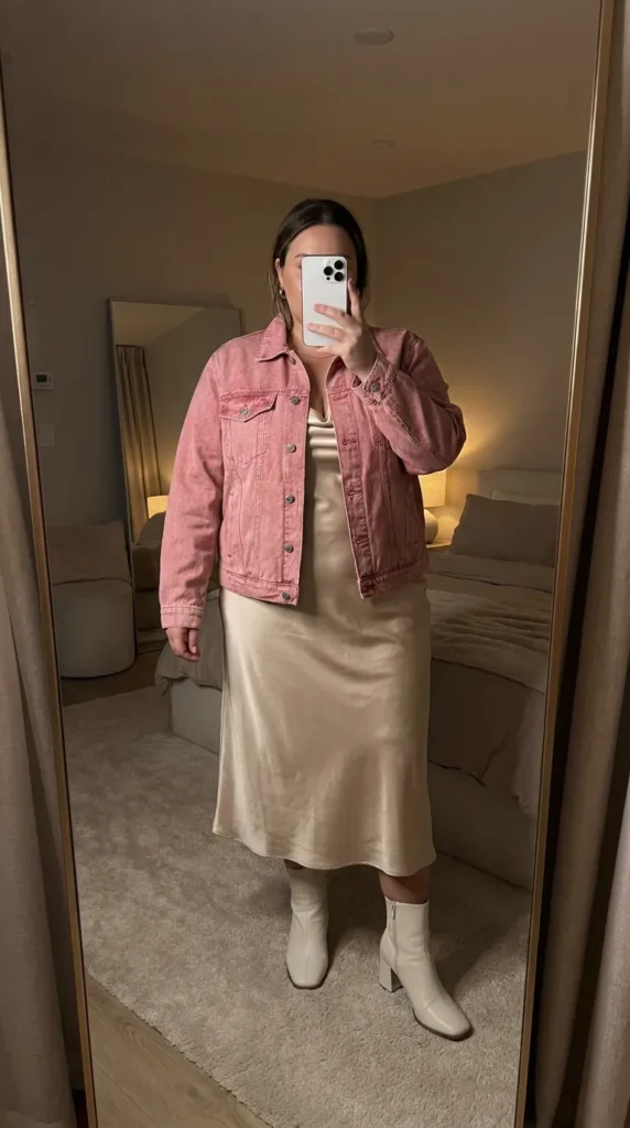 Curvy woman in pink denim jacket over cream slip dress, modern Barbie Outfit Ideas for Plus Size Women.