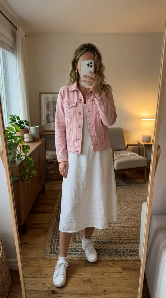 Easy Summer Barbie Outfit Ideas: pink denim jacket layered over white midi dress