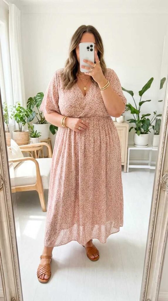 Curvy woman in soft pink floral maxi dress, feminine Barbie Outfit Ideas for Plus Size Women.
Characters