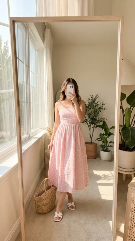 Casual Barbie Outfit Ideas: pink gingham midi sundress with straw tote and white slide sandals