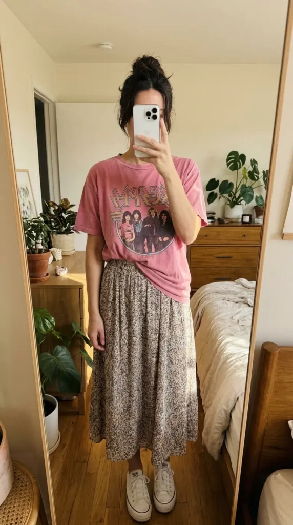 Casual Barbie Outfit Ideas: pink graphic band tee styled with floral midi skirt and sneakers