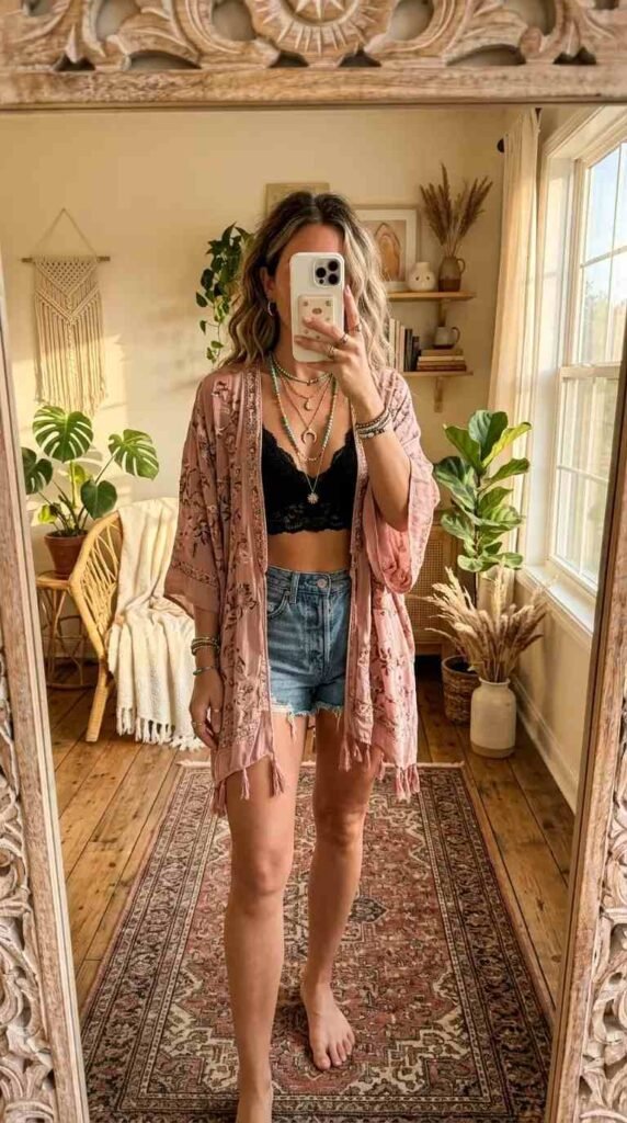 Easy Summer Barbie Outfit Ideas: blush kimono over black bralette and denim shorts