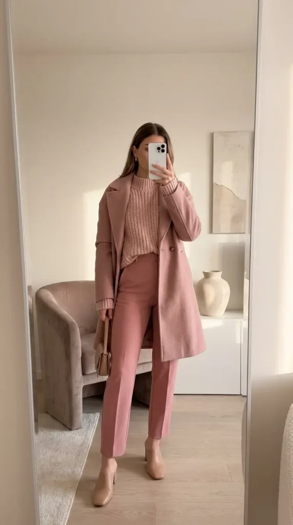 Pink monochrome coat, sweater, and trousers layered, cozy pick for Best Barbie-Inspired Party Outfits
