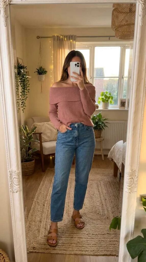 Casual Barbie Outfit Ideas: dusty rose off-shoulder sweater paired with mom jeans and sandals
