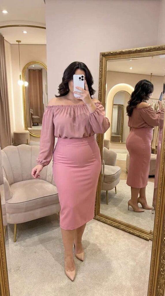 Plus-size woman in soft pink off-shoulder top and pencil skirt, stylish Barbie Outfit Ideas for Plus Size Women