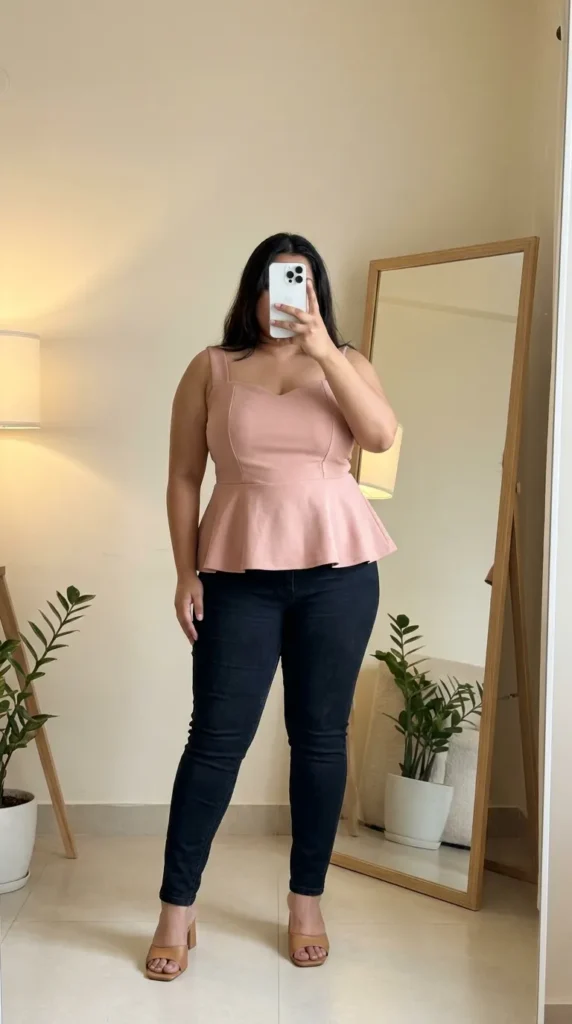 Plus-size woman in blush peplum top and dark skinny jeans, flattering Barbie Outfit Ideas for Plus Size Women.