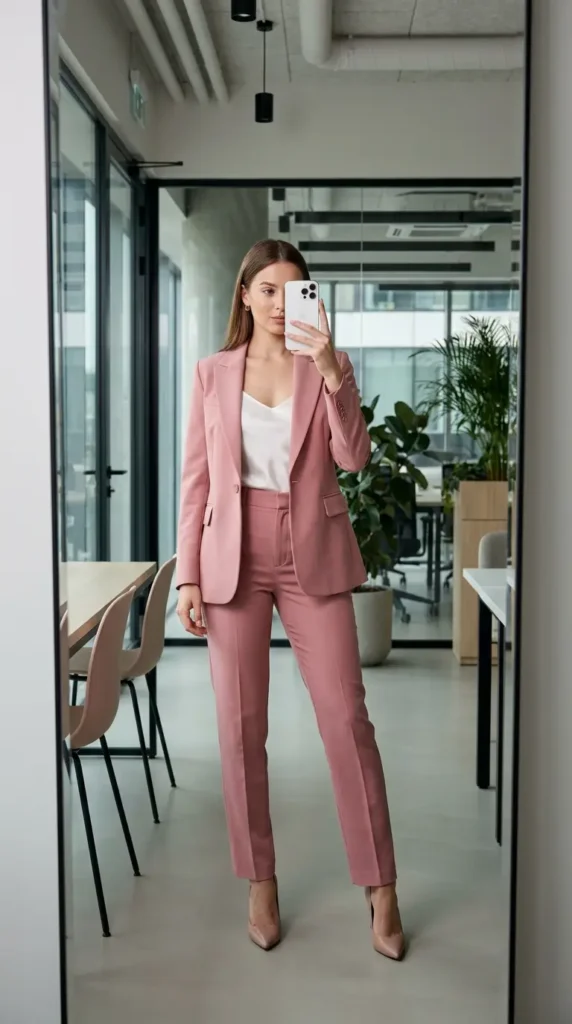 Pink power suit with white top and heels, sleek option for Best Barbie-Inspired Party Outfits
