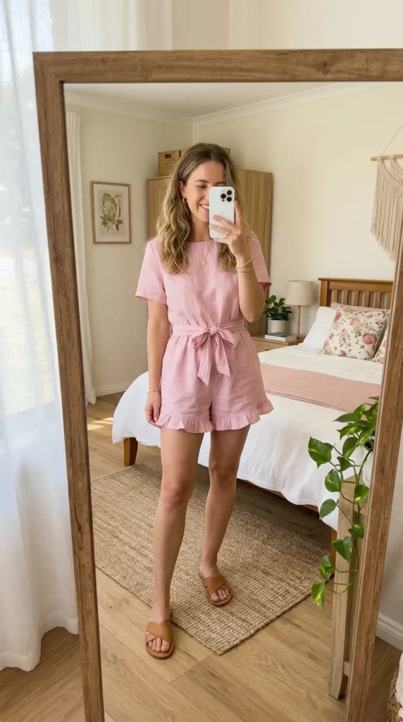 Easy Summer Barbie Outfit Ideas: belted pink linen romper with ruffle hem