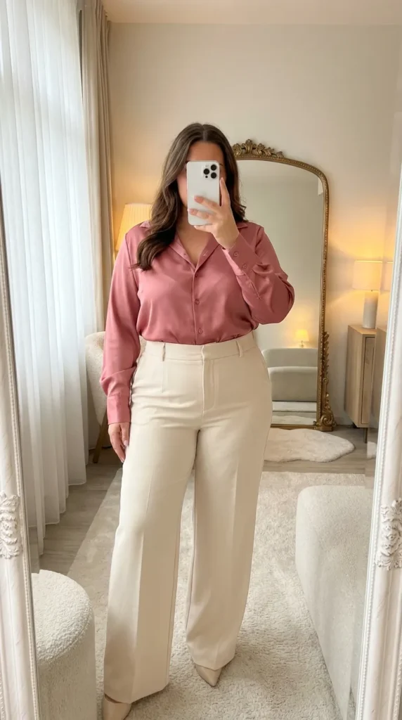 Curvy woman in dusty pink satin blouse and cream wide-leg pants, polished Barbie Outfit Ideas for Plus Size Women.