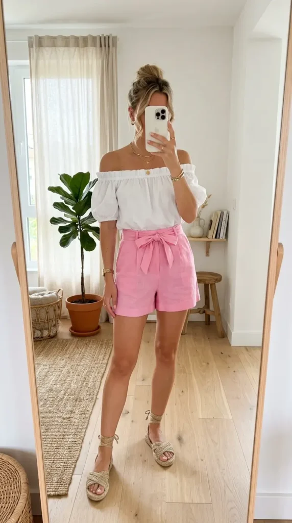 Easy Summer Barbie Outfit Ideas: pink tie-waist shorts with off-shoulder top