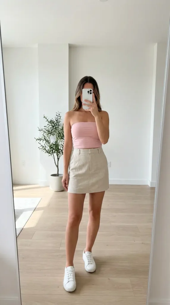 Casual Barbie Outfit Ideas: pink tube top paired with beige high-waisted mini skirt and sneakers