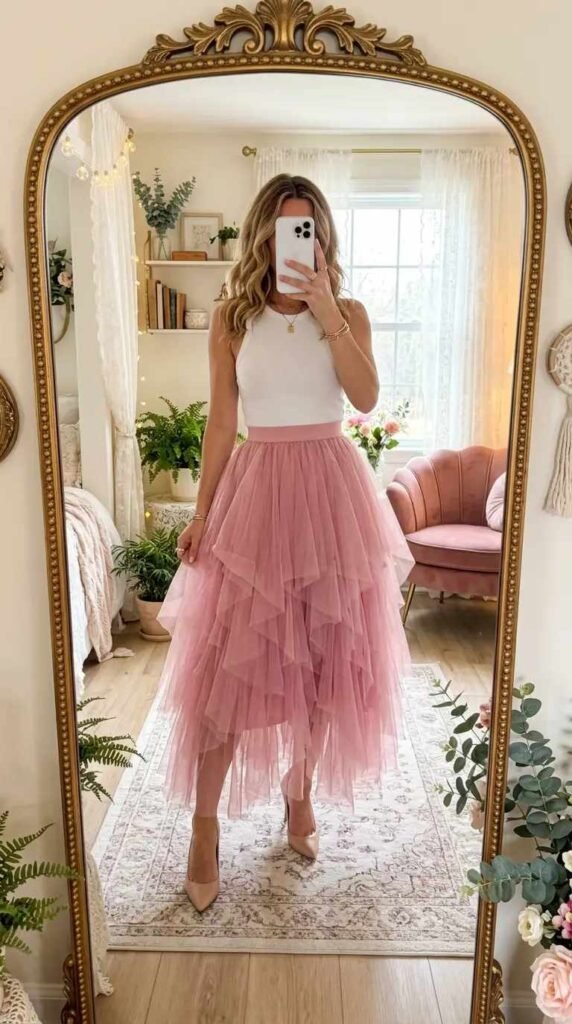 Easy Summer Barbie Outfit Ideas: pink tiered tulle skirt with white tank top