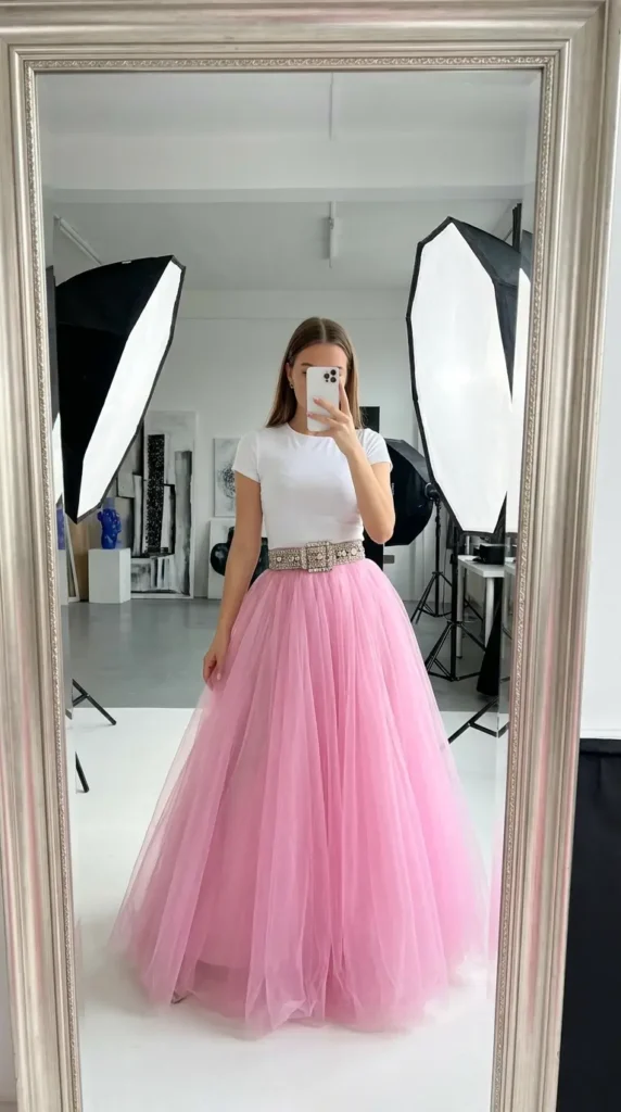 White tee with pink tulle ball skirt, a statement look from Best Barbie-Inspired Party Outfits
