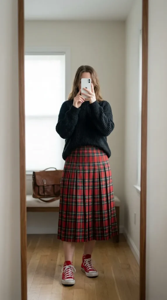 Woman in black sweater and red plaid pleated skirt with red Converse, preppy Red Converse Outfit Ideas.