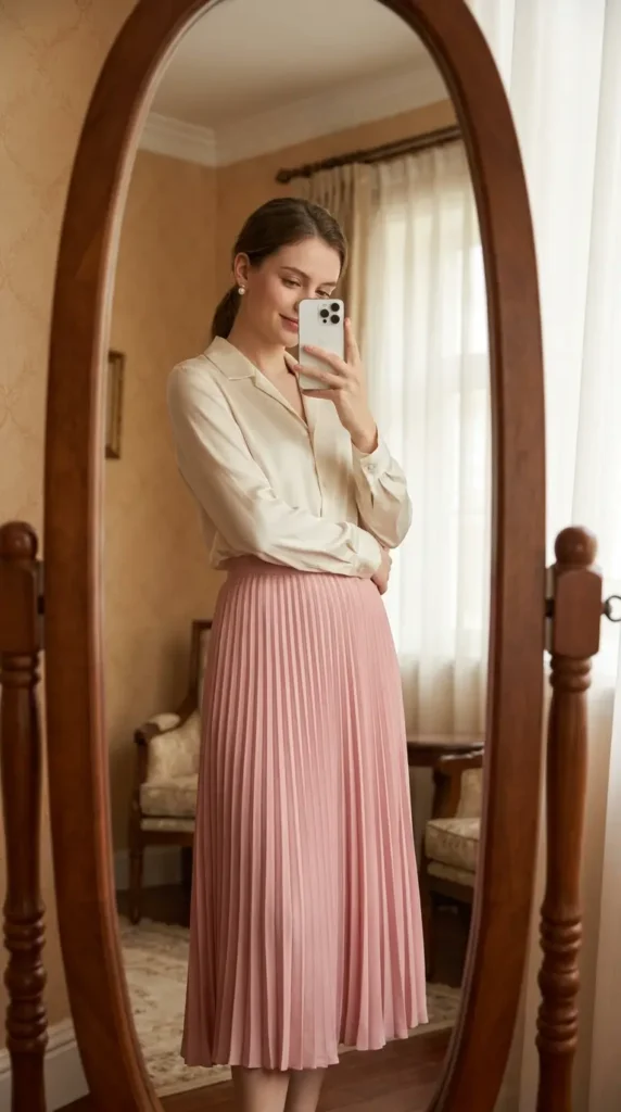 Cream blouse with pleated pink midi skirt, classic Best Barbie-Inspired Party Outfits combo
