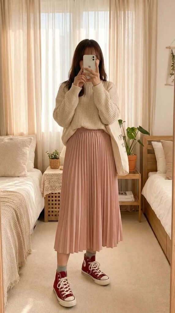 Woman in cream sweater and pink pleated midi skirt with red Converse, soft Red Converse Outfit Ideas.